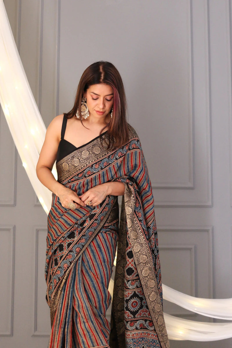 Vajrlekha Ajrakh Dola Silk Saree