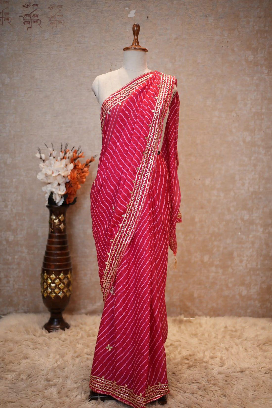 Rani Pink Leheriya Saree with Handcrafted Kacchi Gota Patti Work