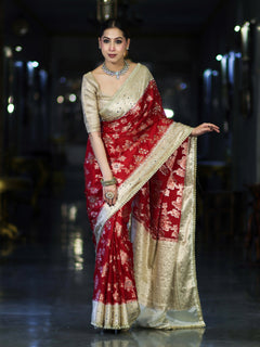 Royal Red Banarasi Chiffon Mirror Work Saree with Zari Border