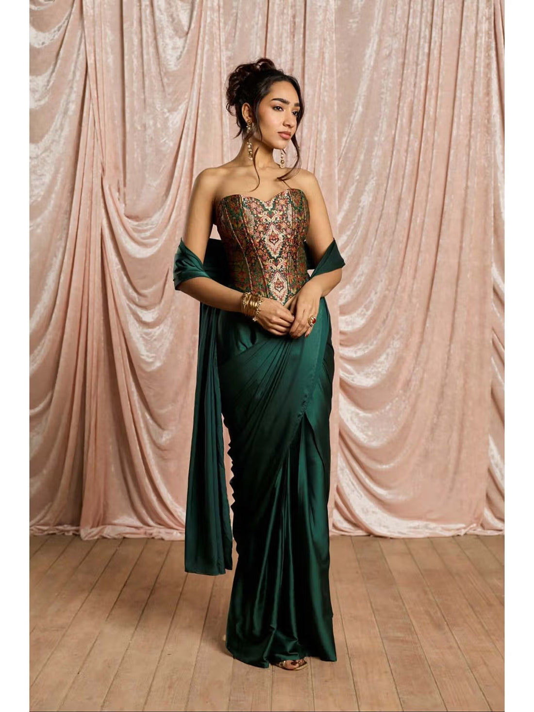 Emerald Luxe Pre-Draped Satin Saree with Embroidered Stitched Blouse