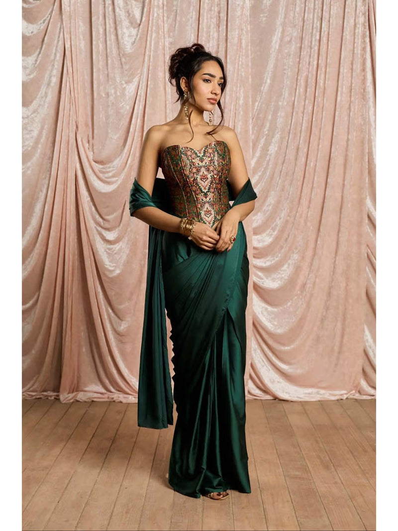 Emerald Luxe Pre-Draped Satin Saree with Embroidered Stitched Blouse