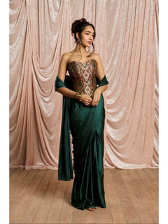 Emerald Luxe Pre-Draped Satin Saree with Embroidered Stitched Blouse