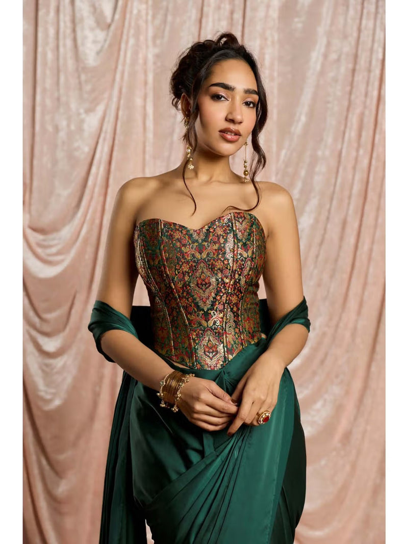 Emerald Luxe Pre-Draped Satin Saree with Embroidered Stitched Blouse