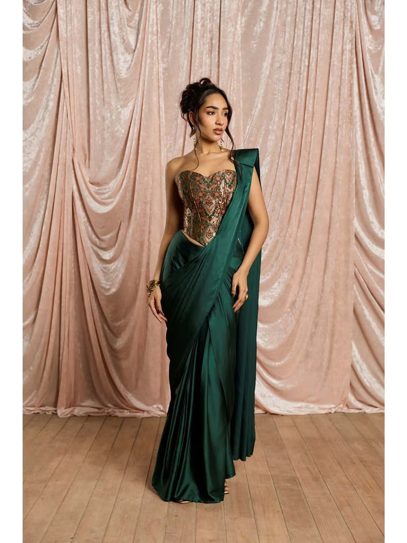 Emerald Luxe Pre-Draped Satin Saree with Embroidered Stitched Blouse