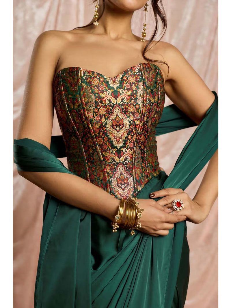 Emerald Luxe Pre-Draped Satin Saree with Embroidered Stitched Blouse