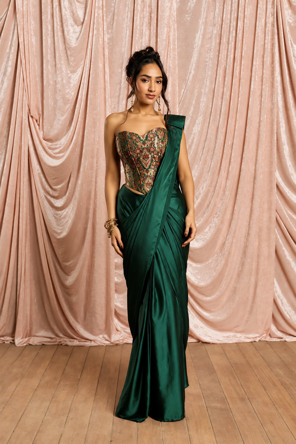 Emerald Luxe Pre-Draped Satin Saree with Embroidered Stitched Blouse