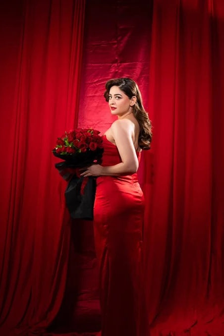 Scarlet Rose Satin Strapless Evening Gown for Women