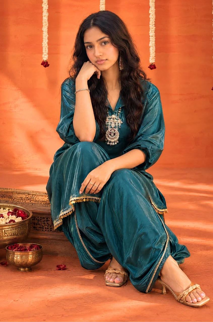Mahira Luxe Shimmer Silk Tunic Top with Dhoti Skirt