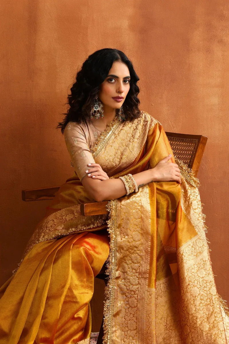 Golden Banarasi Tissue Ready-to-Wear Saree with Mirror Mosaic Work