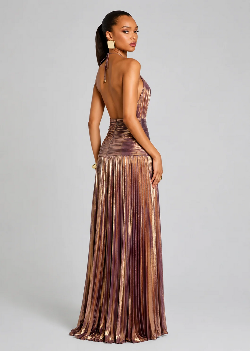 Emerald Glow Pleated Maxi Dress