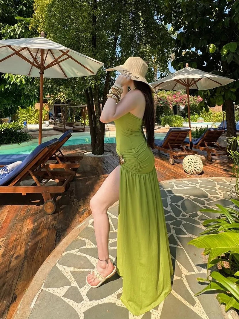Lime Luxe Ruched Slit Maxi Dress for Women