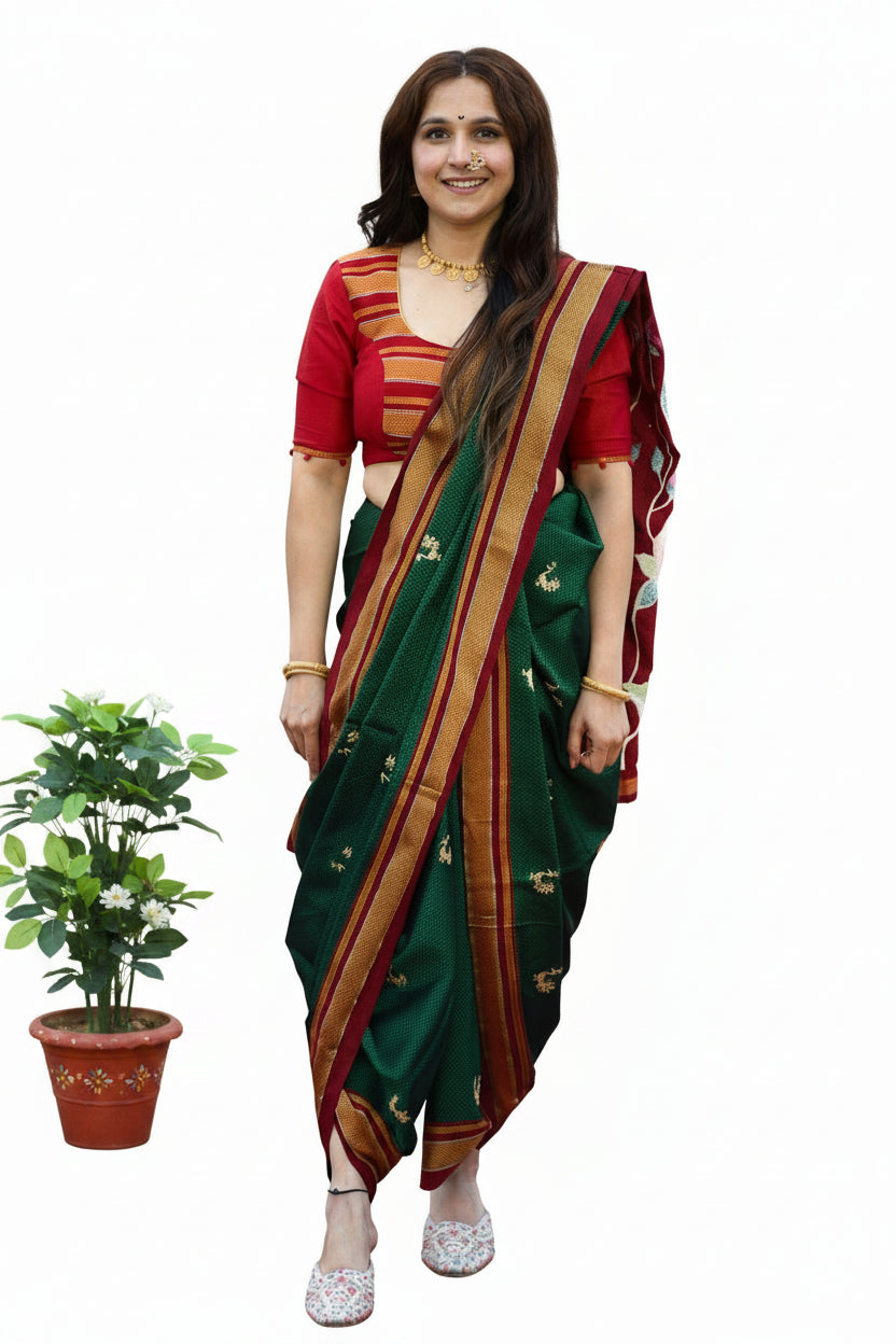 Handloom Cotton Ilkal Saree Emerald Green with Maroon Border