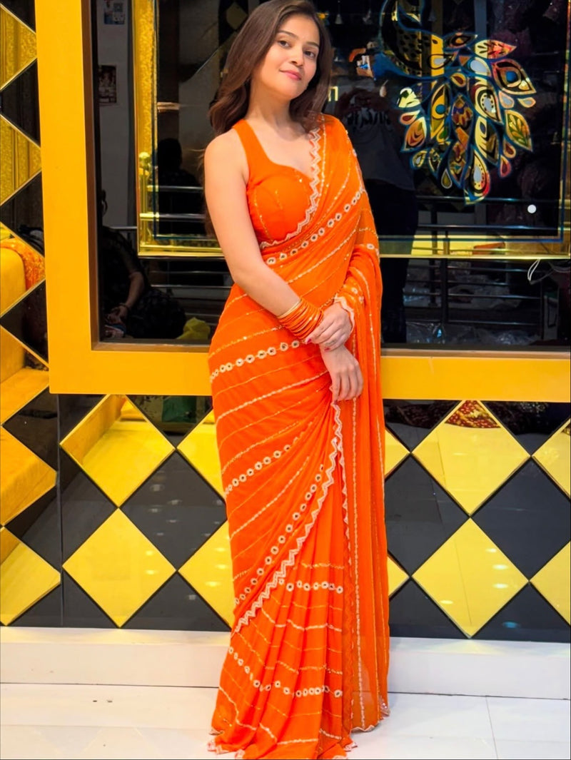 Vibrant Orange Leheriya Chiffon Saree