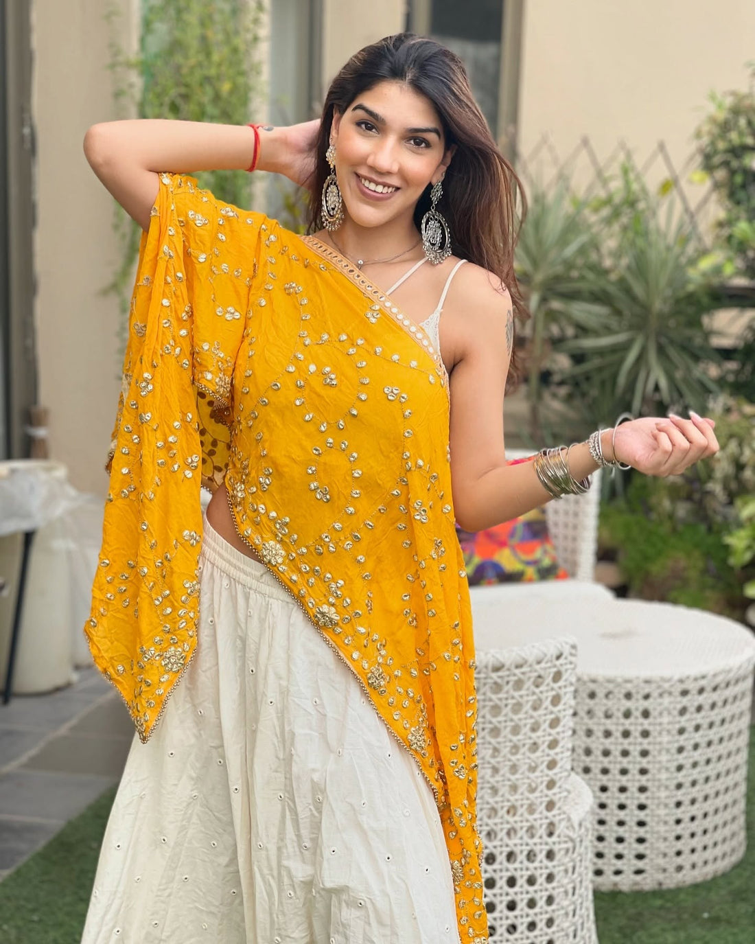 Sunshine Mustard Mirror Work Gaji Silk Cape with Ivory Sharara Set