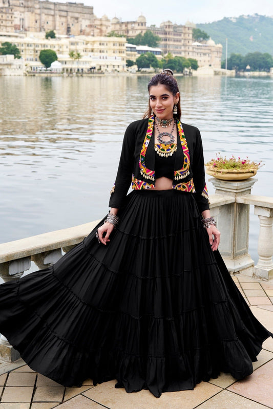 Royal Gamthi Rayon Lehenga Choli with Mirror Work Jacket Set