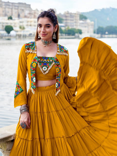 Royal Gamthi Rayon Lehenga Choli with Mirror Work Jacket Set