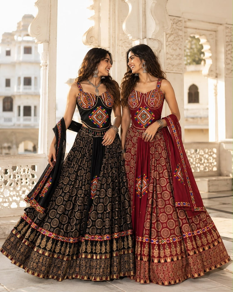 Ajrakh Tiranga Pure Camric Cotton Gamthi Work Lehenga