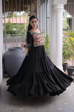 Kutchi Gamthi Mirror Work Tiered Rayon Gown