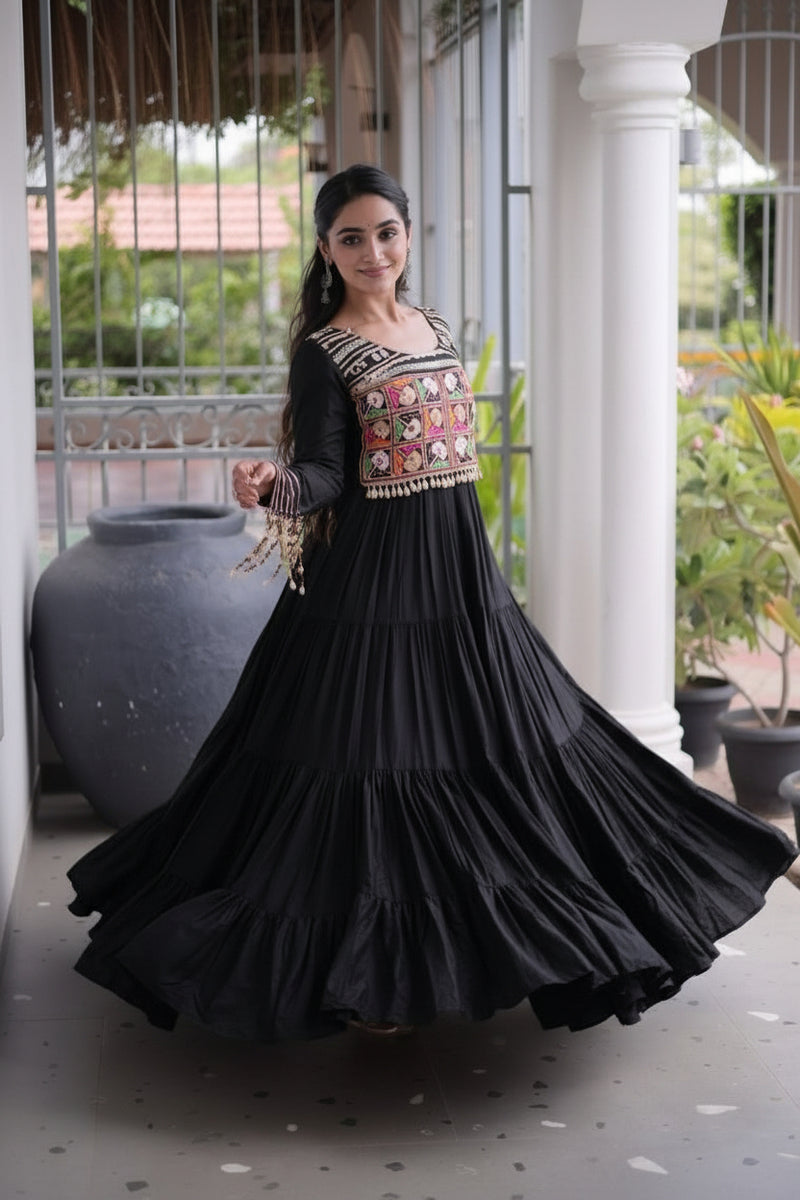 Kutchi Gamthi Mirror Work Tiered Rayon Gown