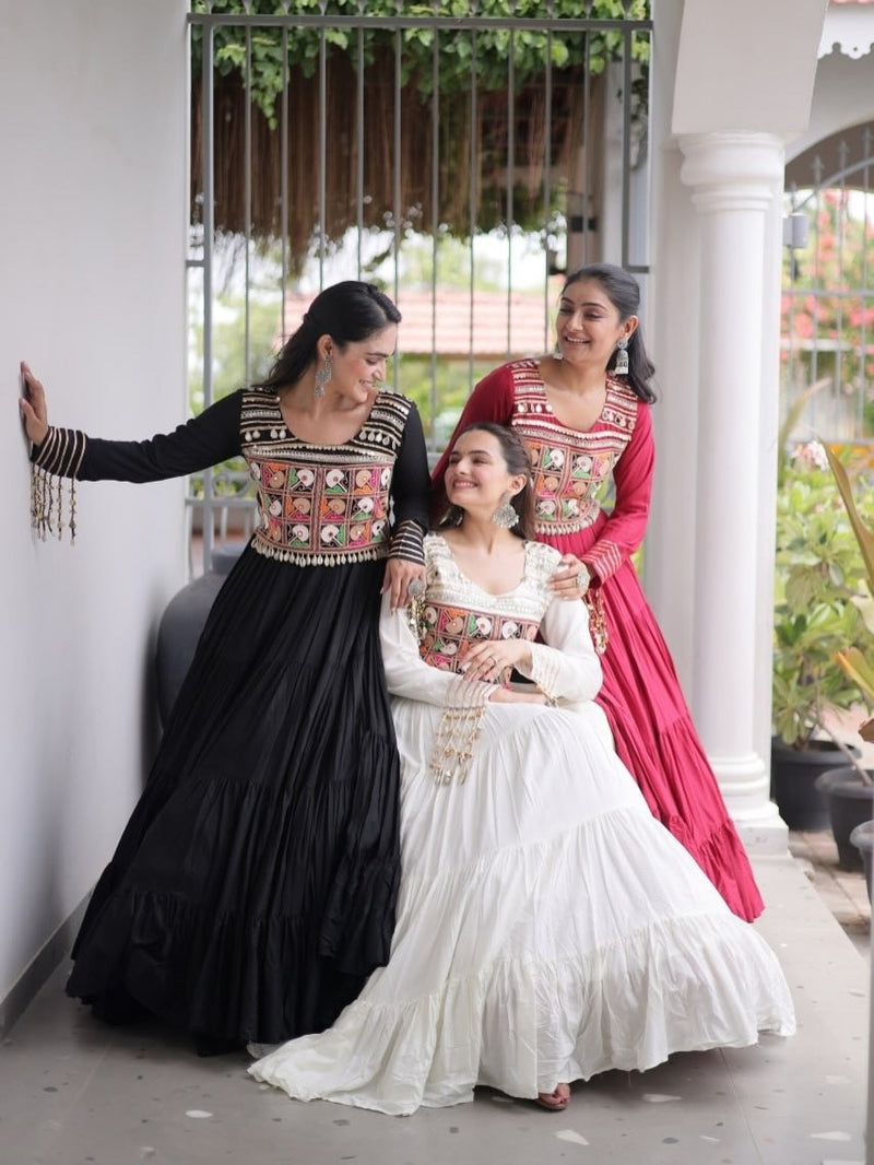 Kutchi Gamthi Mirror Work Tiered Rayon Gown