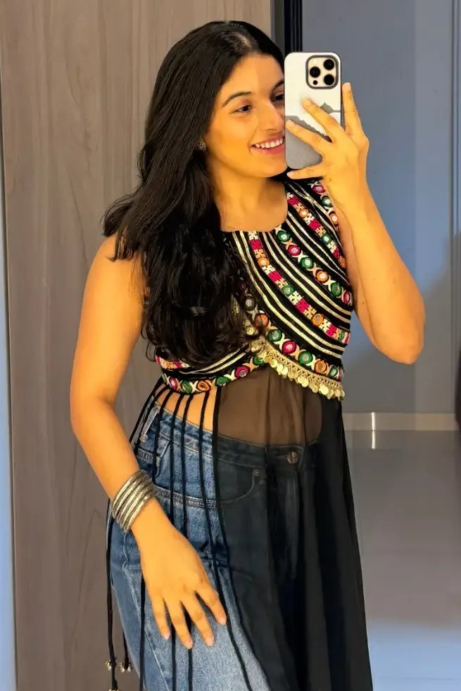 Traditional Multicolor Embroidered Black Top