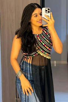 Traditional Multicolor Embroidered Black Top