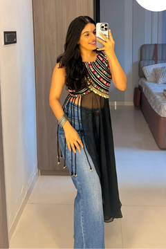 Traditional Multicolor Embroidered Black Top