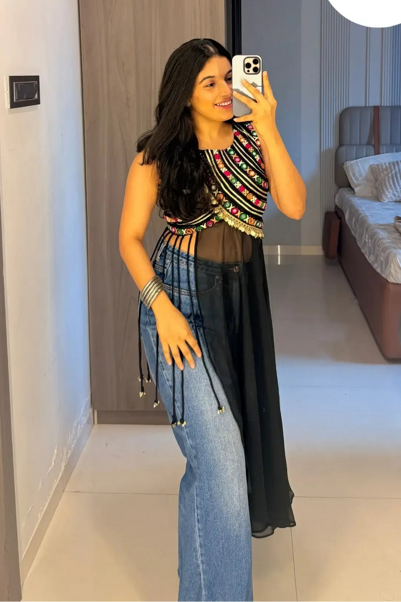 Traditional Multicolor Embroidered Black Top