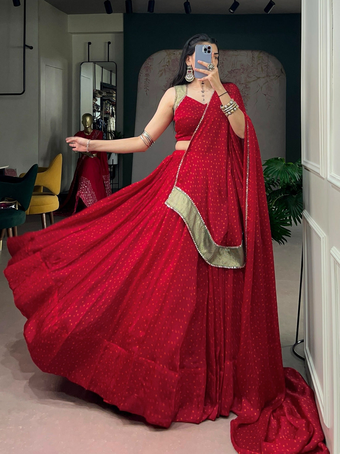Rang-Riwaayat Red Bandhej Satin Chiffon Navratri Lehenga Set
