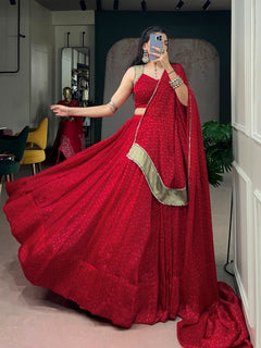 Rang-Riwaayat Red Bandhej Satin Chiffon Navratri Lehenga Set