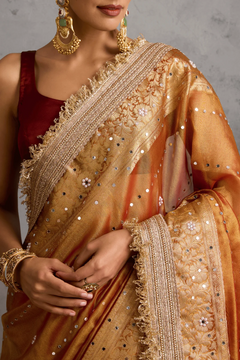 Golden Banarasi Tissue Ready-to-Wear Saree with Mirror Mosaic Work