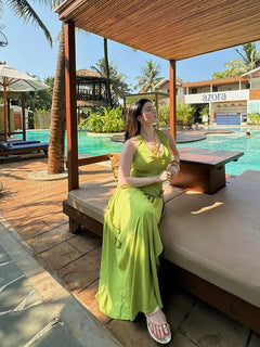 Lime Luxe Ruched Slit Maxi Dress for Women