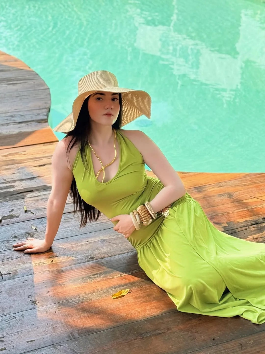 Lime Luxe Ruched Slit Maxi Dress for Women