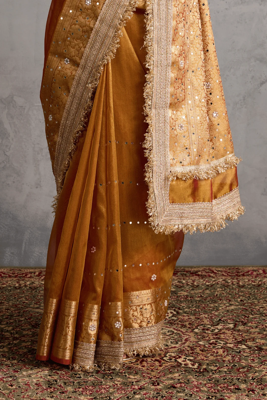 Golden Banarasi Tissue Ready-to-Wear Saree with Mirror Mosaic Work