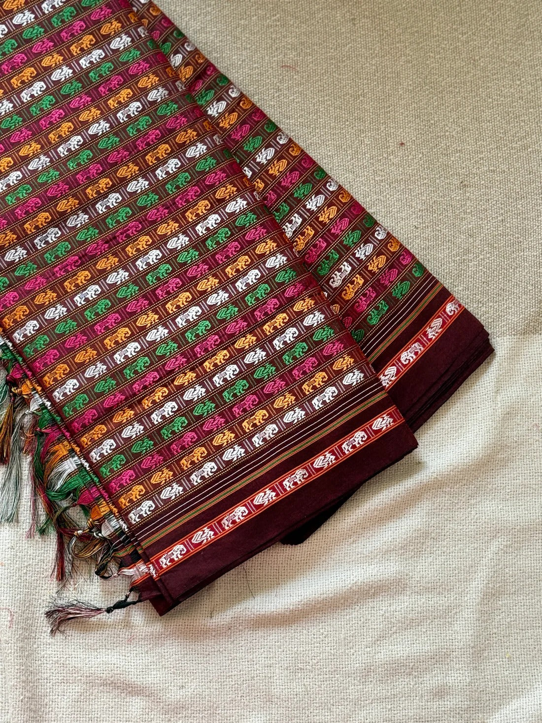 Hati Mor Green Khun Saree with Maroon Border