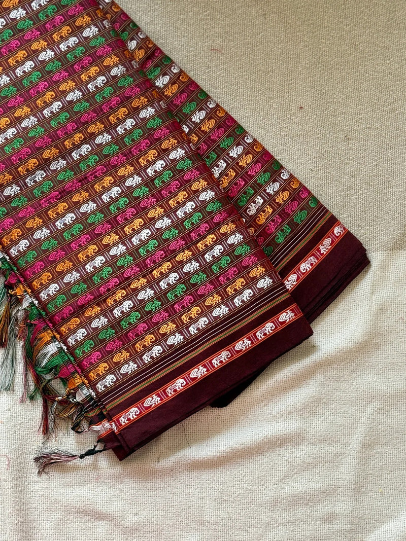 Hati Mor Green Khun Saree with Maroon Border