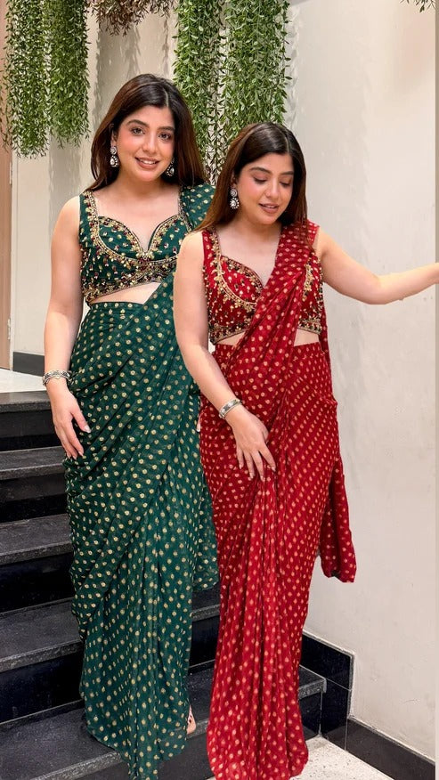 Bandhani Georgette Pre-Draped Saree with Embroidered Blouse