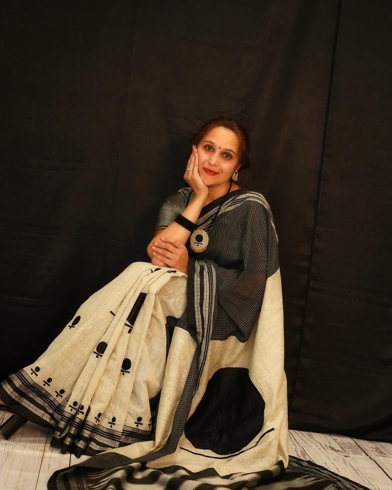 Handloom Cotton Ilkal Saree – Black & Off-White Heritage Weave