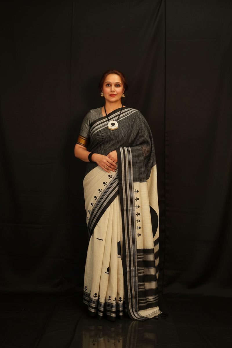 Handloom Cotton Ilkal Saree – Black & Off-White Heritage Weave