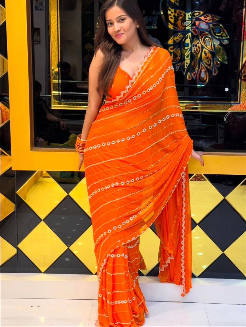 Vibrant Orange Leheriya Chiffon Saree
