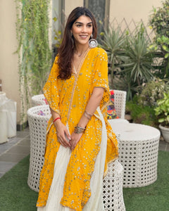 Sunshine Mustard Mirror Work Gaji Silk Cape with Ivory Sharara Set