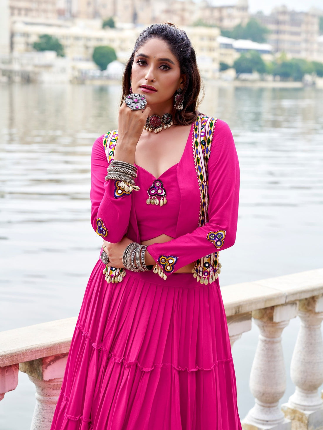 Royal Gamthi Rayon Lehenga Choli with Mirror Work Jacket Set