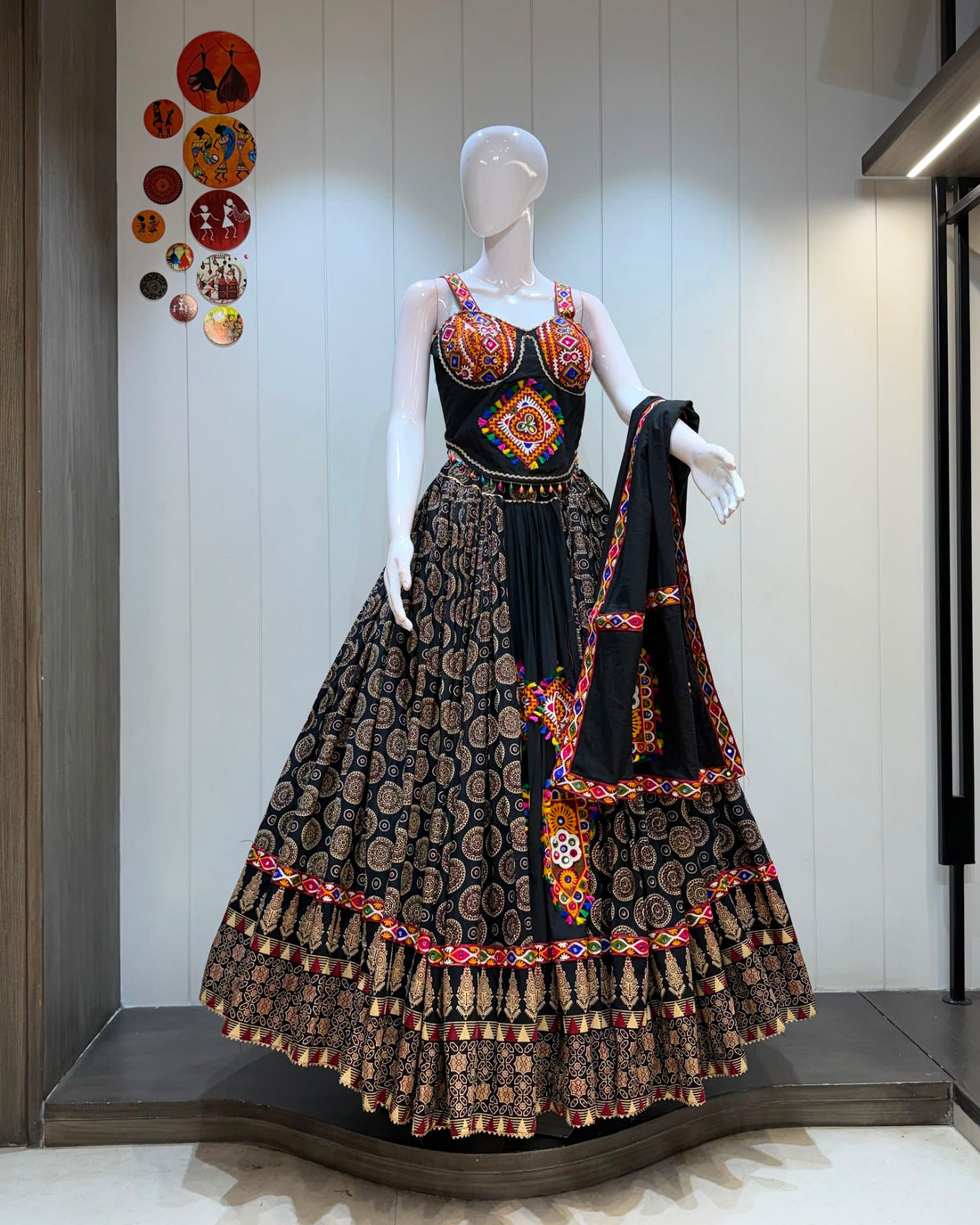 Ajrakh Tiranga Pure Camric Cotton Gamthi Work Lehenga