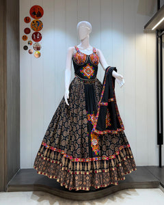 Ajrakh Tiranga Pure Camric Cotton Gamthi Work Lehenga