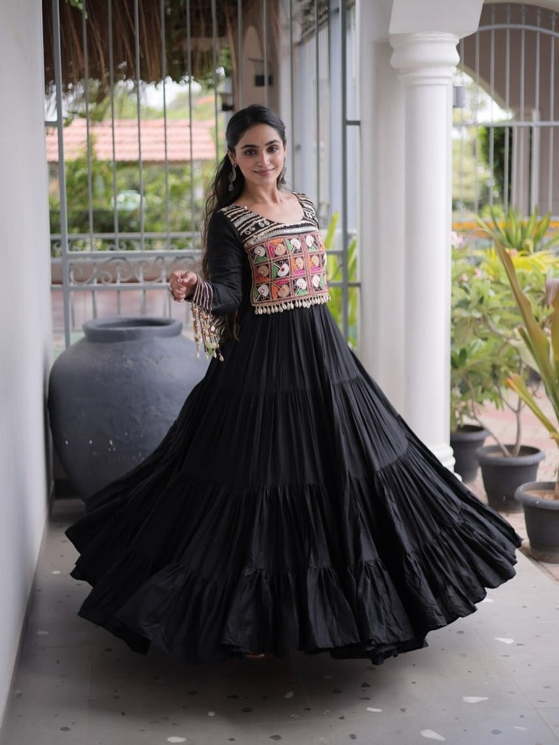 Kutchi Gamthi Mirror Work Tiered Rayon Gown