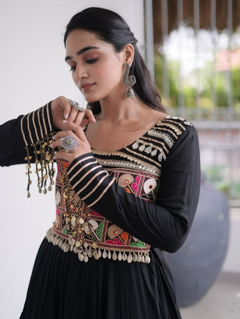 Kutchi Gamthi Mirror Work Tiered Rayon Gown