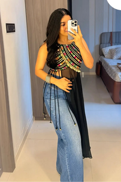 Traditional Multicolor Embroidered Black Top
