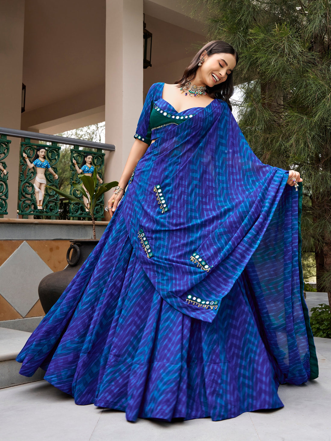 Mehfil Blue Mirror Work Lehenga Set