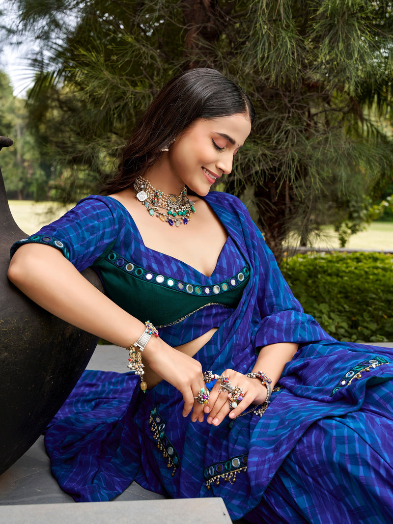 Mehfil Blue Mirror Work Lehenga Set