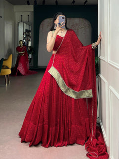 Rang-Riwaayat Red Bandhej Satin Chiffon Navratri Lehenga Set